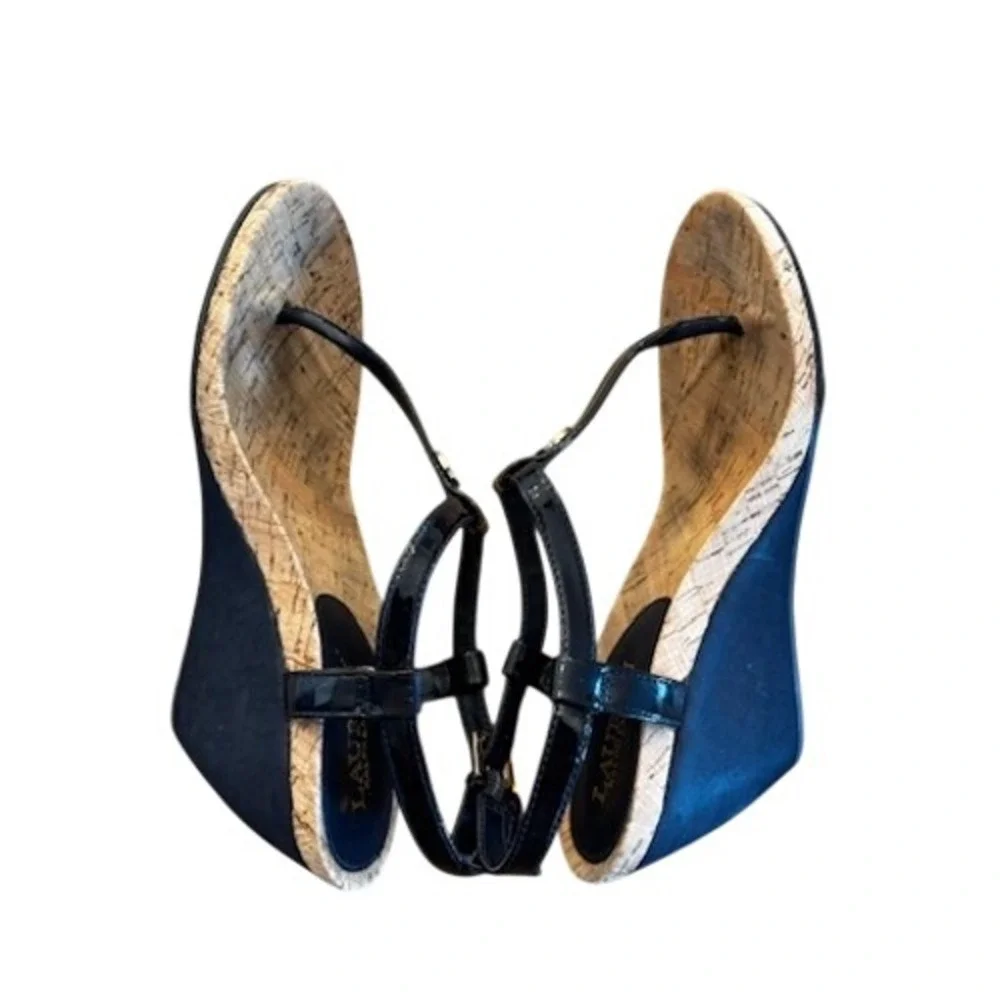 Lauren Ralph Lauren Size 8.5 Black Patent T-Strap Cork‎ Wedge Sandals Shoes